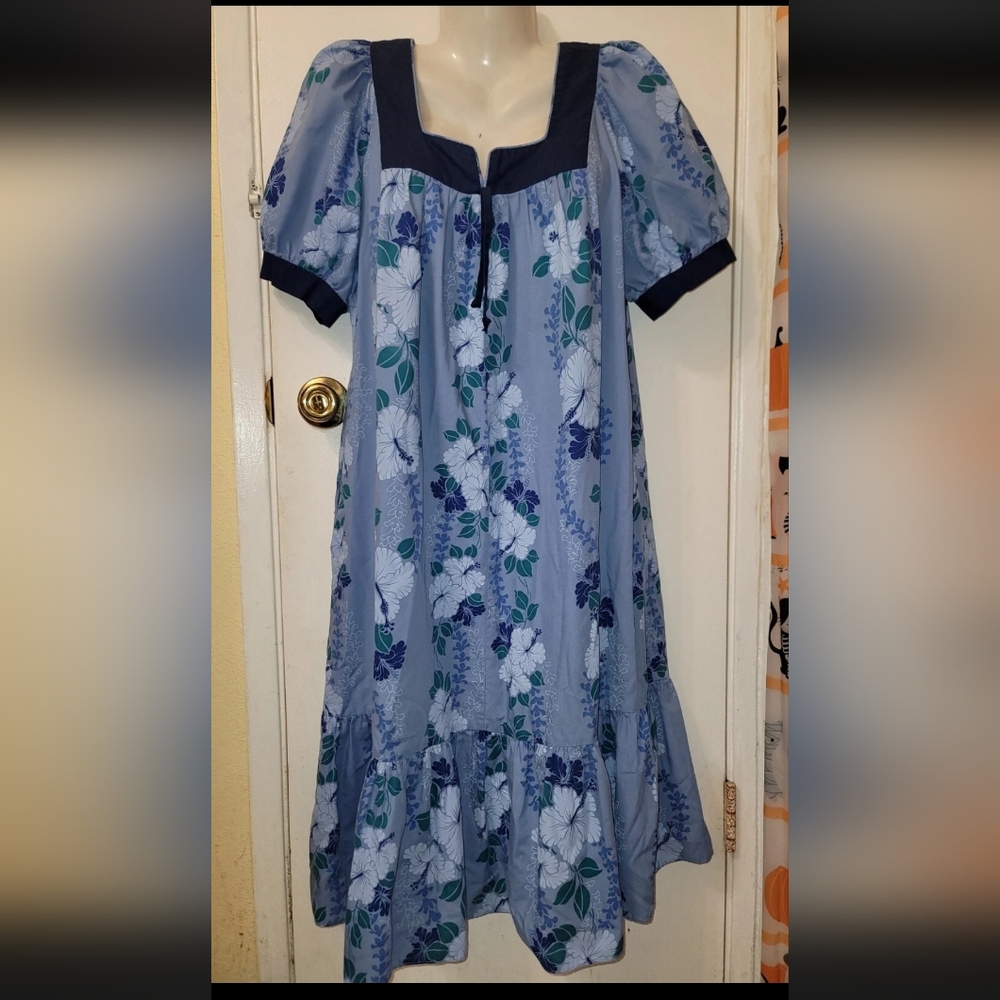 Sun Babies Vintage Dress Blue Hawain Print Square Neckline